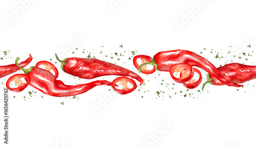 Hand-drawn seamless horizontal border illustration featuring ripe red chili peppers and round sliced chili peppers with seeds