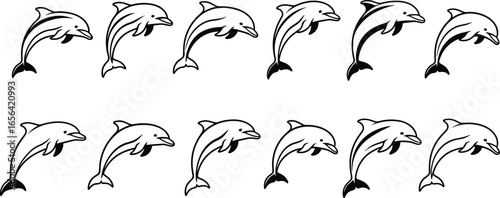 Jumping dolphins in synchronized motion, marine animals in water, aquatic wildlife pattern, ocean creatures illustration, playful sea mammals design