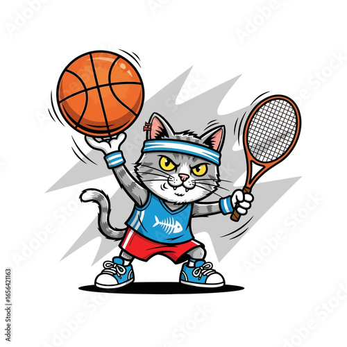 Cute cartoon kitten playing tennis with a ball, and a funny pet cat illustration of a basketball player character vector