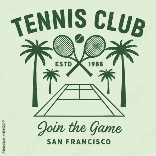 Tennis court graphic design. Malibu California tennis club artwork for t shirt, posters, stickers, background and others. Date palm tree vector design. 