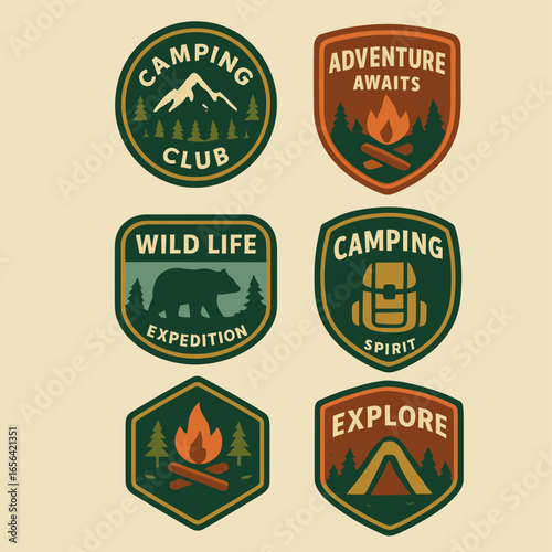 Vintage Camping Adventure Badge Set artwork. Retro Camping and Nature Patches with Bag, Fire, Bear, Mountains and Forest Designs. Retro Nature Camping Patch Design. T-Shirts and Adventure Graphics 