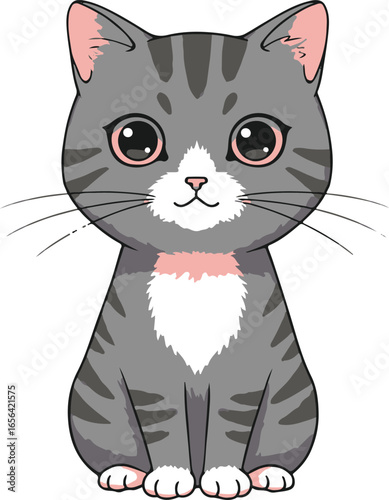 Sweet cartoon grey tabby kitten with large pink eyes and a pink collar detail Keywords: kitten, cat, cute, adorable, cartoon, illustration, animal, pet, domestic, tabby, grey, pink eyes, big eyes