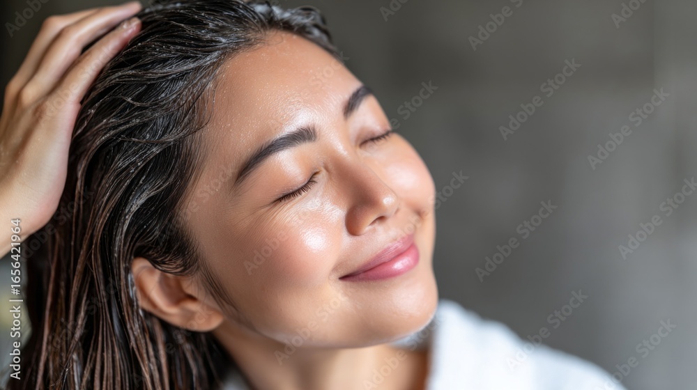 Fototapeta premium Asian woman with wet hair applying product in a relaxed indoor setting during daytime