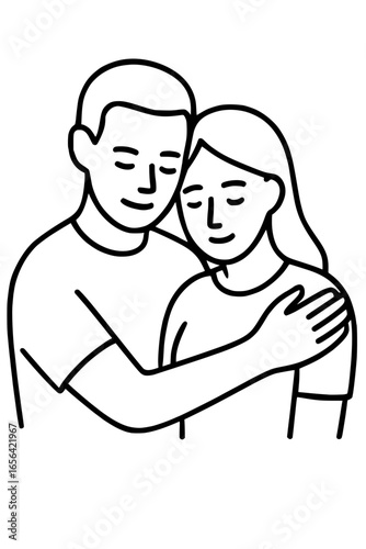 Simple Black Line Drawing of Affectionate Couple Hugging
