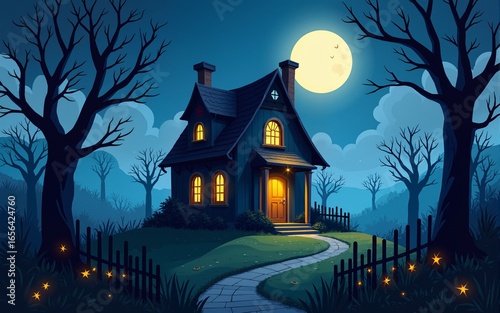 illustration of a haunted house in a fairytale village at night. High quality