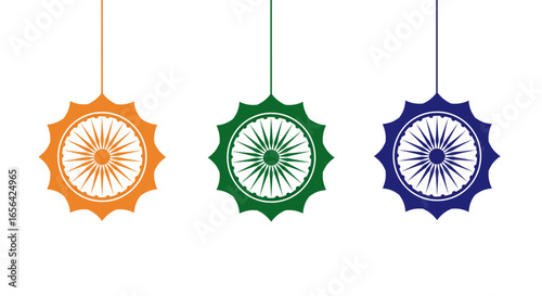 Three decorative circular ornaments in saffron, green, and blue, hanging from strings against a white background, representing the Indian flag.