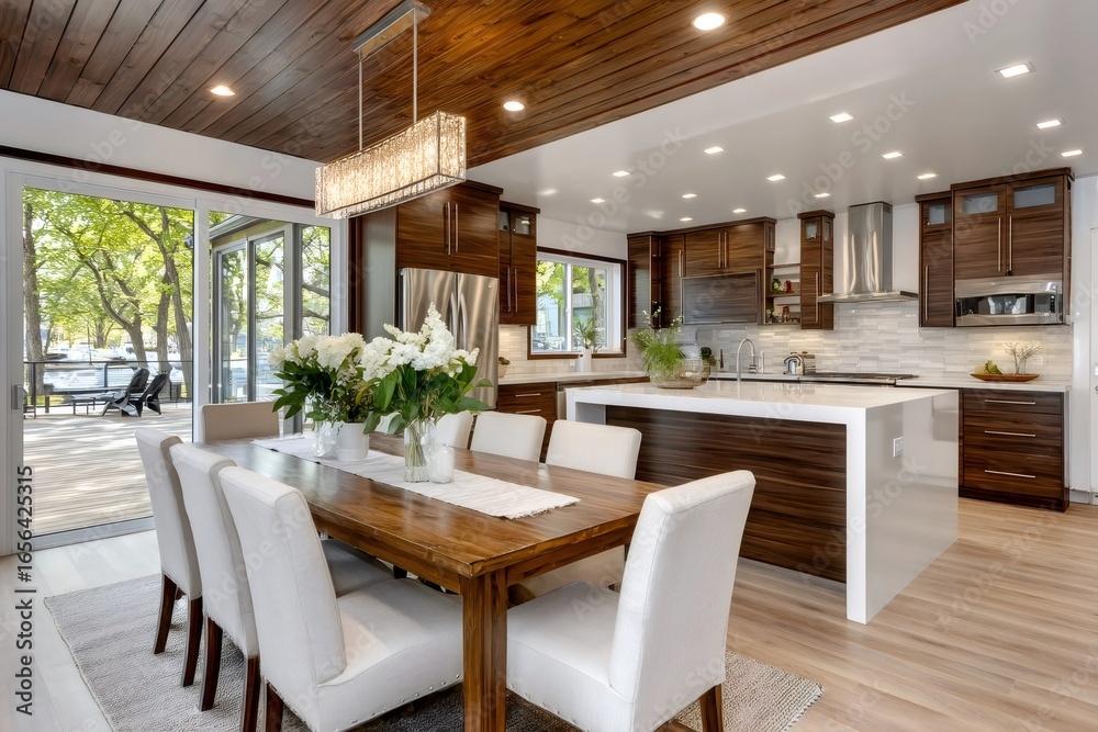 Fototapeta premium Modern open plan kitchen and dining room showcasing elegant design