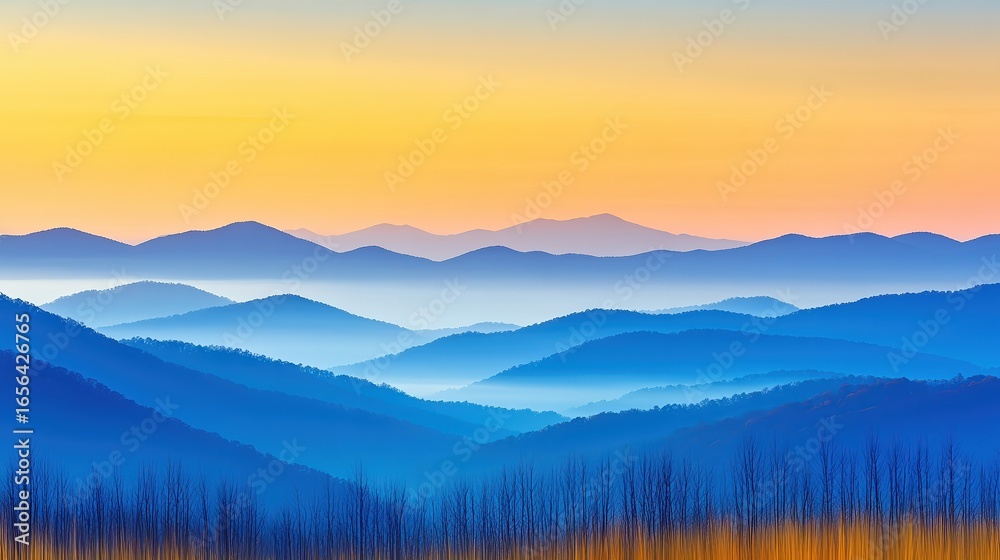 Fototapeta premium A serene landscape featuring layered blue mountains fading into the horizon under a gradient sky, Ideal for nature or travel themes in publications, websites, or decor projects,