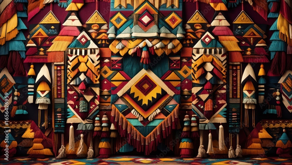 Obraz premium Vibrant Ethnic Textile Art with Symbolic Patterns