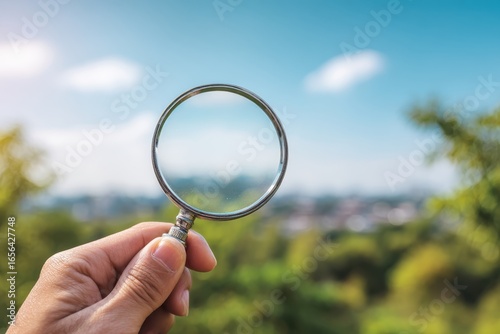 hand holding a magnifying glass to check the good air quality and clean outdoor air quality safe from pollution dust PM 2.5