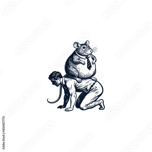 fat rat in a necktie sitting on the back of a crawling man in a business suit engraving illustration