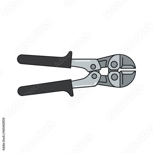 Metal bolt cutters with black handles on a white background.