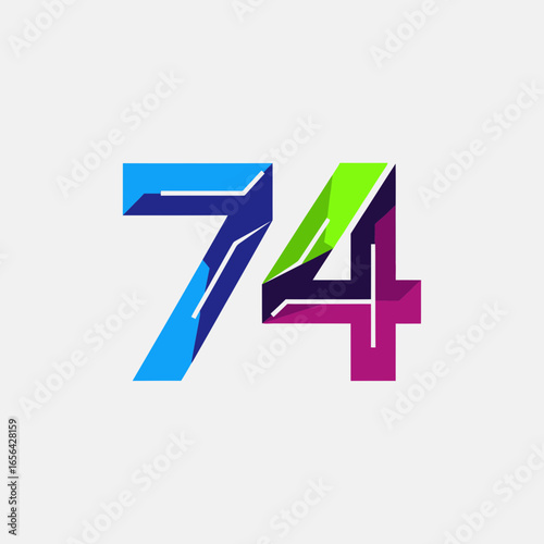 Free Download Number seventy-four graphic with blue green purple colors on white background. - GFXLoad