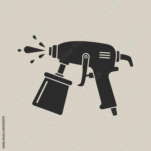 Black spray gun with paint droplets on a beige background illustration.