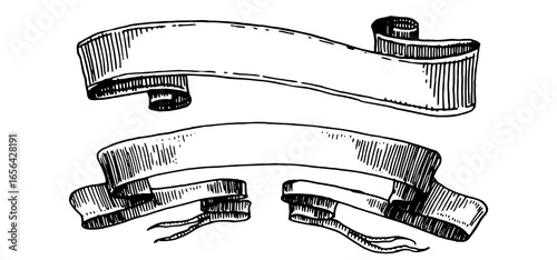 Set of scroll ribbon banners in Barocco style. Hand drawn engraving for your text in vintage traditional technique. For wedding, events, birthday and greetings.