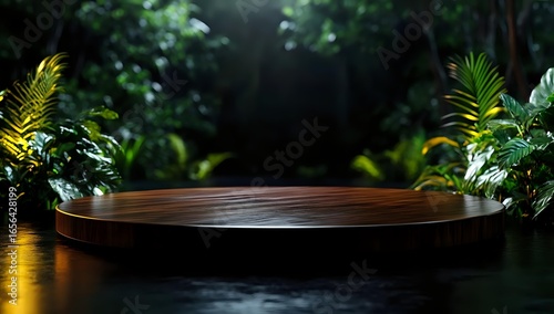 Fototapeta Naklejka Na Ścianę i Meble -  Round wooden platform display on dark surface with tropical plants and atmospheric lighting in jungle environment background for product presentation.