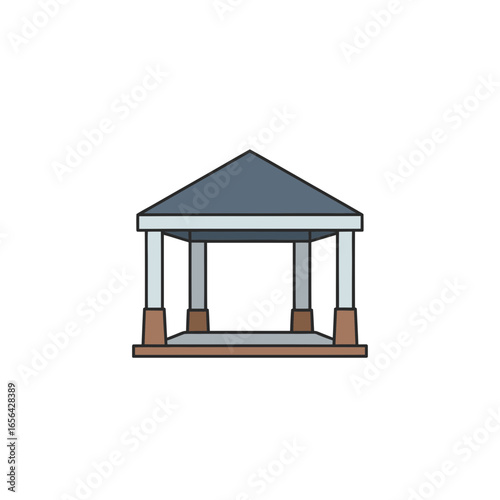 A simple gazebo structure with a dark roof and white columns on white.