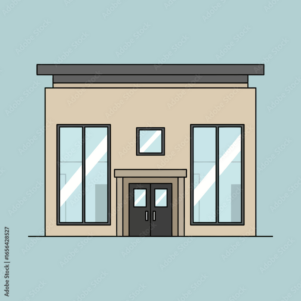 Obraz premium Cartoon building facade with large windows and a flat roof on blue.