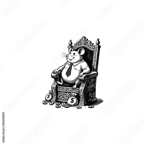 fat rat wearing a tie, sitting like a king on a decorated throne with money bags and scattered coins engraving illustration