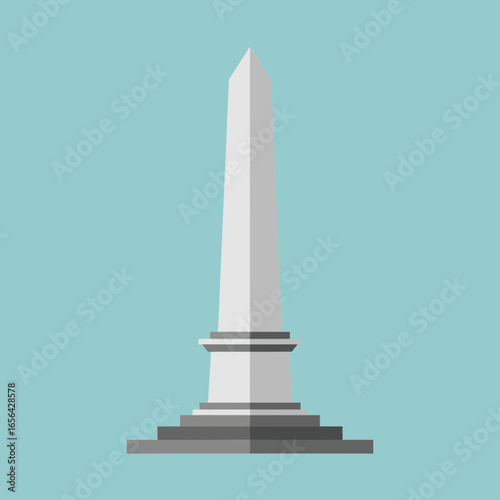White obelisk monument on a tiered base against a light blue background.