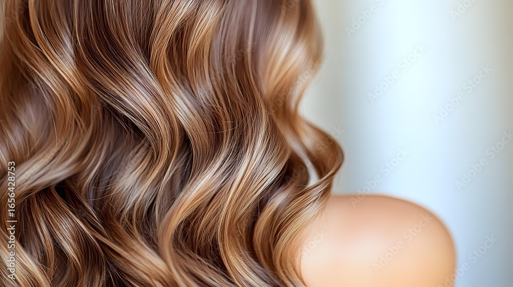 Fototapeta premium Luxurious wavy brown hair with blonde highlights and soft curls styled in modern beach waves against light background, showcasing professional hairstyling technique.