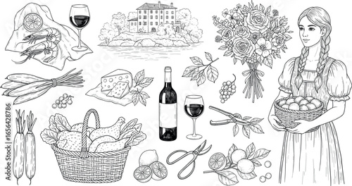 Italian or french style rustic autumn vacation hand drawn vector illustrations in ink doodle sketch style.