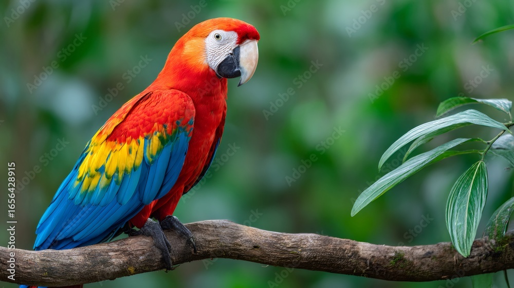 Fototapeta premium Scarlet macaw perching on branch in lush tropical rainforest