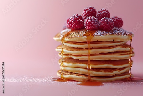 Stack of fluffy pancakes topped with fresh red raspberries and drizzled with maple syrup on pink background, powdered sugar dusting creates dreamy breakfast scene.