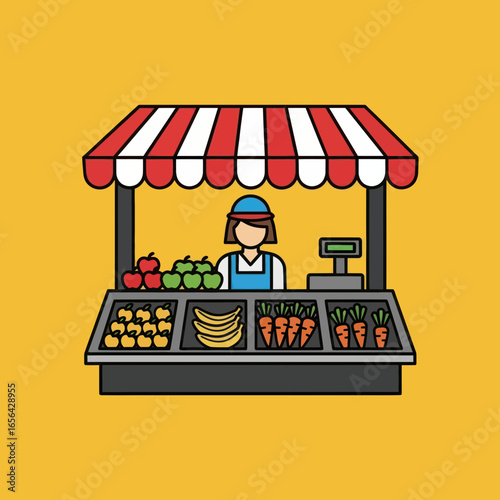 Illustration of a market stall with a vendor and various fruits and vegetables.