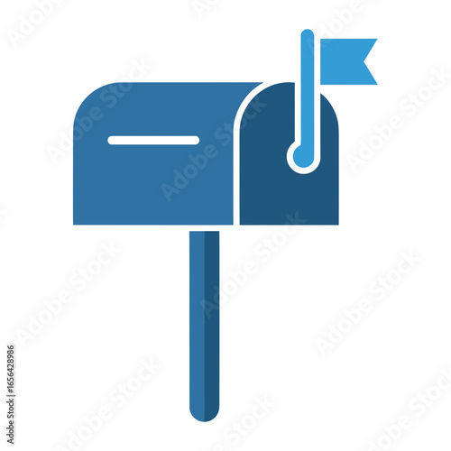 Blue mailbox with raised flag on a post isolated on white background.