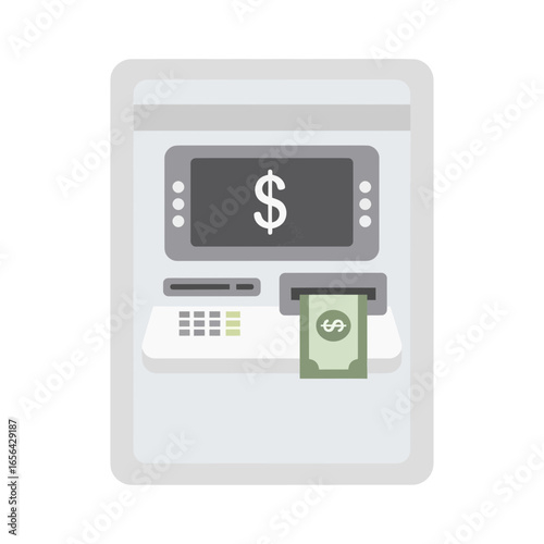 Automated teller machine with dollar sign and money dispensing.