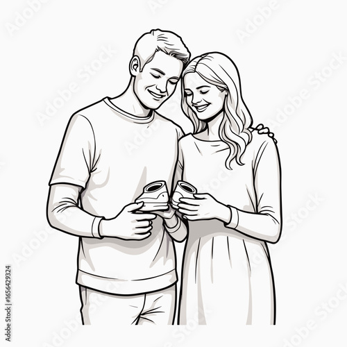 Young couple smiling while checking their smartphones together  