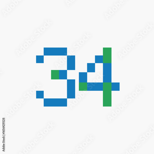 Pixelated number thirty four in blue and green on a white background.