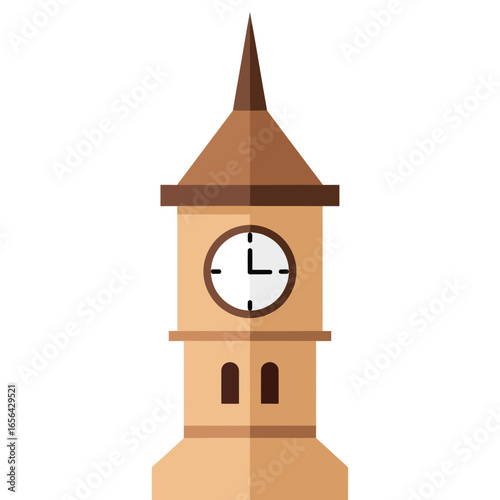 Clock tower illustration with brown and beige colors against a white background.