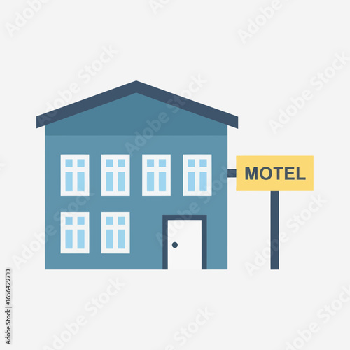 Blue motel building with windows and a sign on a white background.