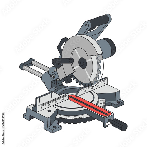 Gray and silver miter saw with red laser guide on white background.
