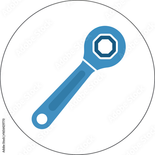 Blue wrench tool with circular background isolated on white simple graphic.