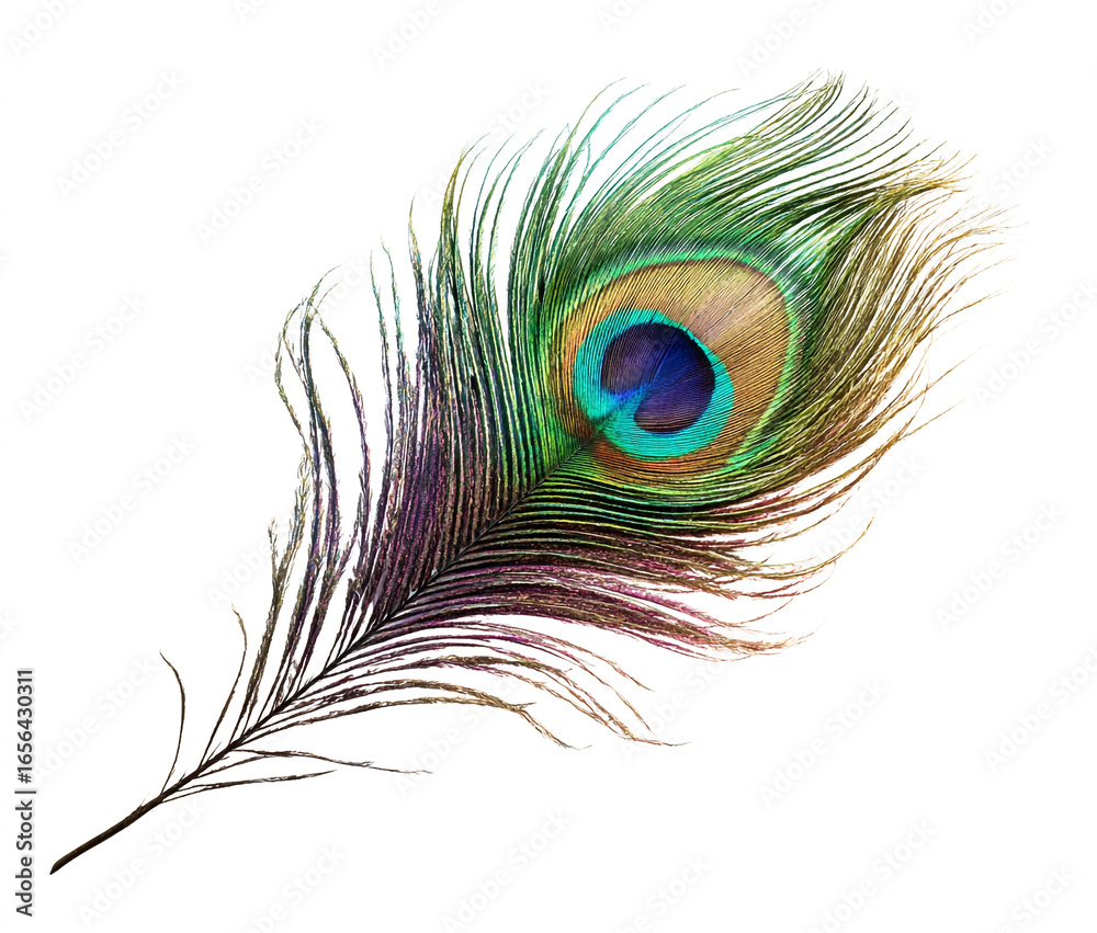 Obraz premium Isolated peacock feather on a white background.