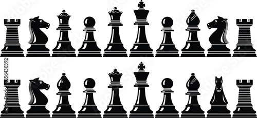 Chess piece silhouette set, black icons of rook knight bishop queen king, strategic board game symbols, classic chess layout illustration