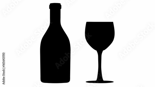 Silhouette of a wine bottle and a wine glass standing side by side on a white background design art