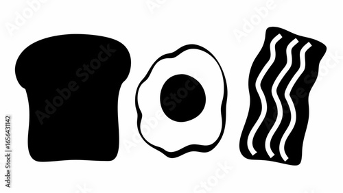 A black and white illustration of a slice of toast, a fried egg, and a strip of bacon side by side