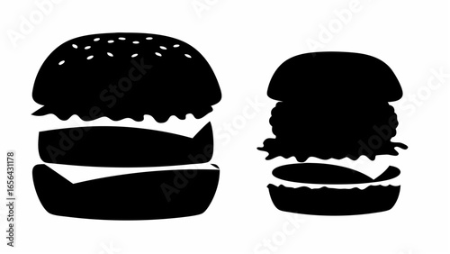 Two black and white silhouette illustrations of burgers with sesame seeds and cheese layers stacked high
