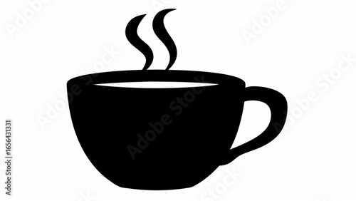 Black silhouette of a coffee mug with rising steam indicating a hot beverage on a white background