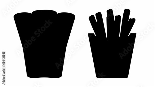 Silhouette depiction of a drink in a tall glass and fries in a container on a white background