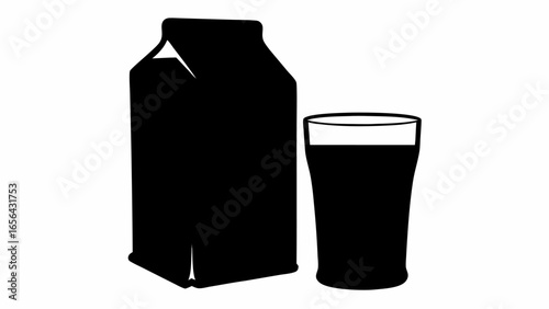Black silhouette of a milk carton standing next to a filled glass on a white background image vector