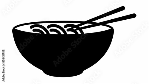 A black and white illustration of a bowl of noodles with chopsticks resting on the rim of the bowl