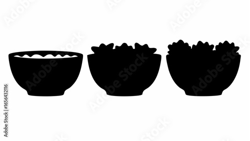 Three black silhouette pots with varying levels of foliage against a white background are displayed here
