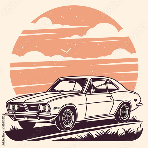 Retro american muscle car driving towards a stylized sunset with clouds and stars