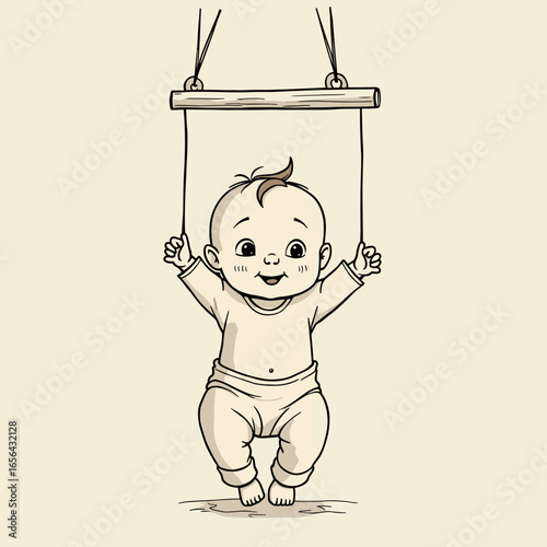 Happy baby swinging with joy while holding a wooden balance beam  