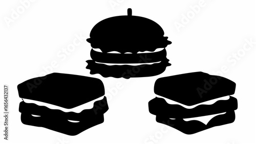 Three black and white sandwiches and a burger with a toothpick on a white background image view
